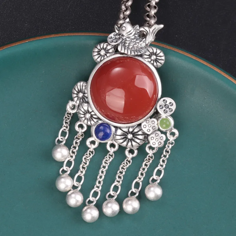 

New S925 Sterling Silver lotus brocade carp small fish lotus leaf tassel South Red Agate Pendant