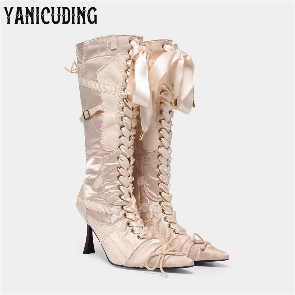 Nude and Pink Satin Knee-High Boots Wood Heel Eyelet Ribbon Decorative Strappy Boots Sweet Fashion Style Handmade Women\'s Boots