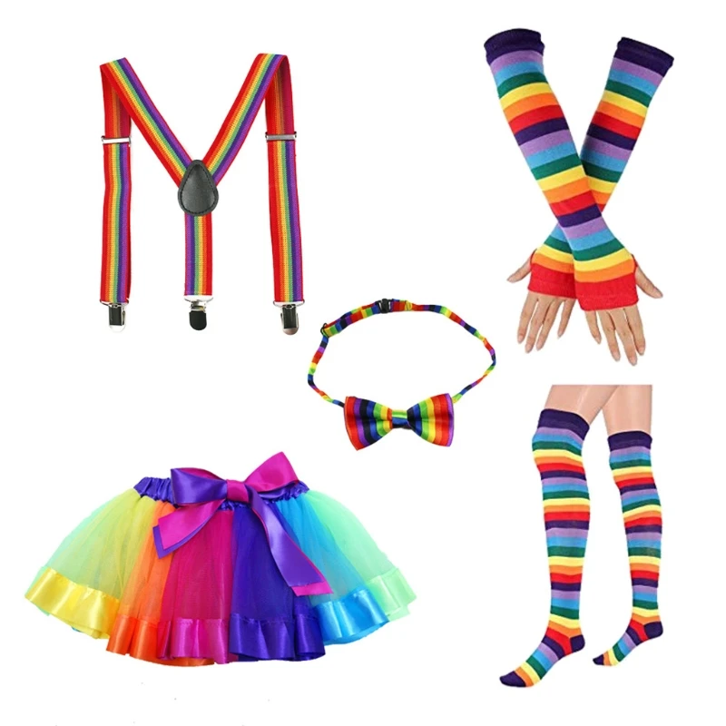 

Party Rainbow Stripe Costume Set Ruffle Skirt Gloves Socks Bowtie Suspender