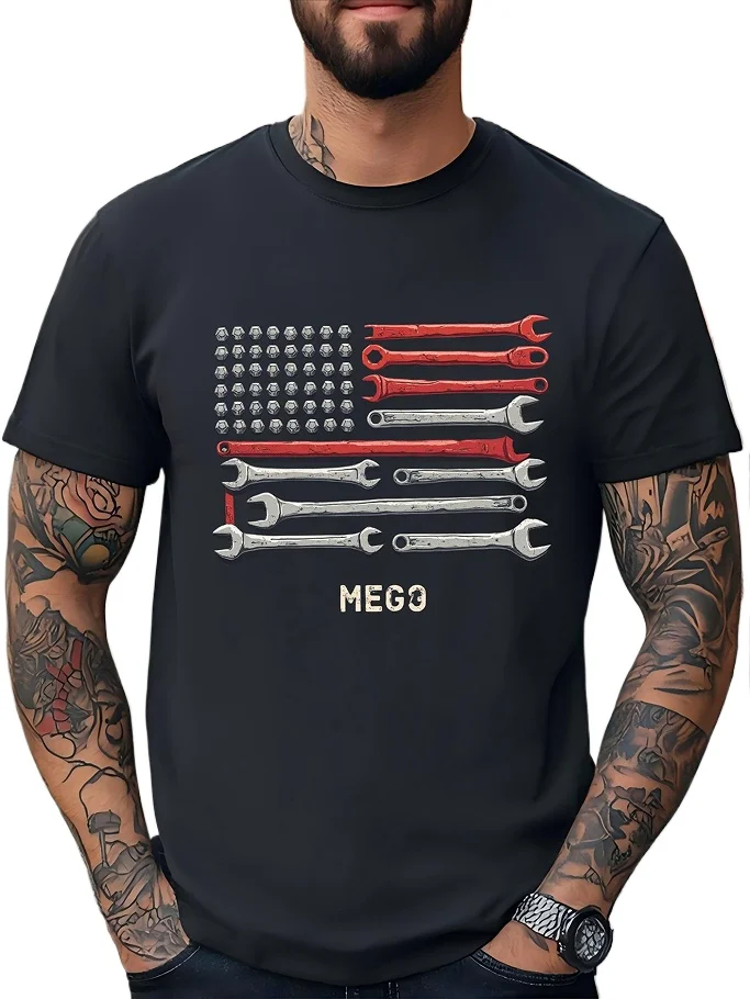 

MEG3 wrench-mechanic tool American flag summer cotton T-shirt, perfect Labor Day, July 4th, Father's Day gift.