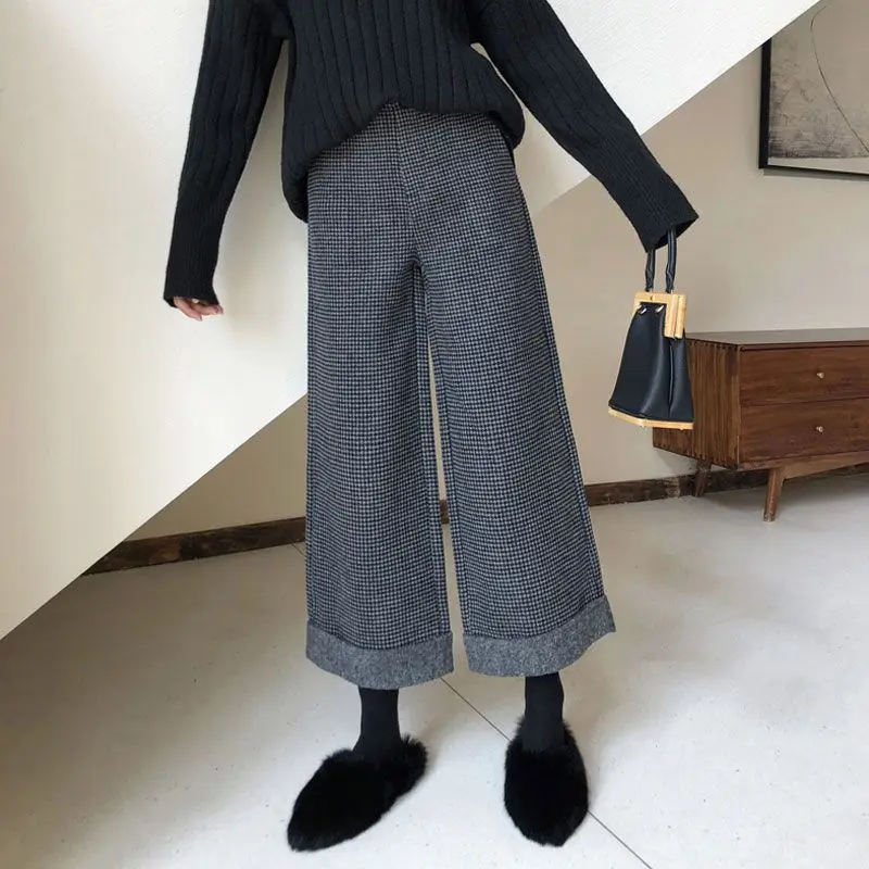 السراويل الصوفية الراقية واسعة الساق المرأة الربيع والخريف الرجعية عالية الخصر فضفاضة مستقيم الساق السراويل ، السراويل رقيقة تسع نقاط #3