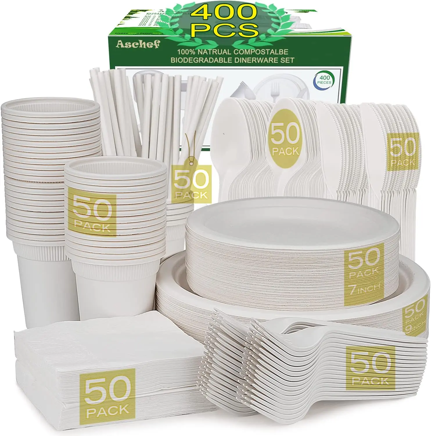 

400pcs Eco-Friendly Disposable Paper Plates Bulk and Cups Napkins Cutlery Sets Non-Plastic Biodegradable Compostable Din