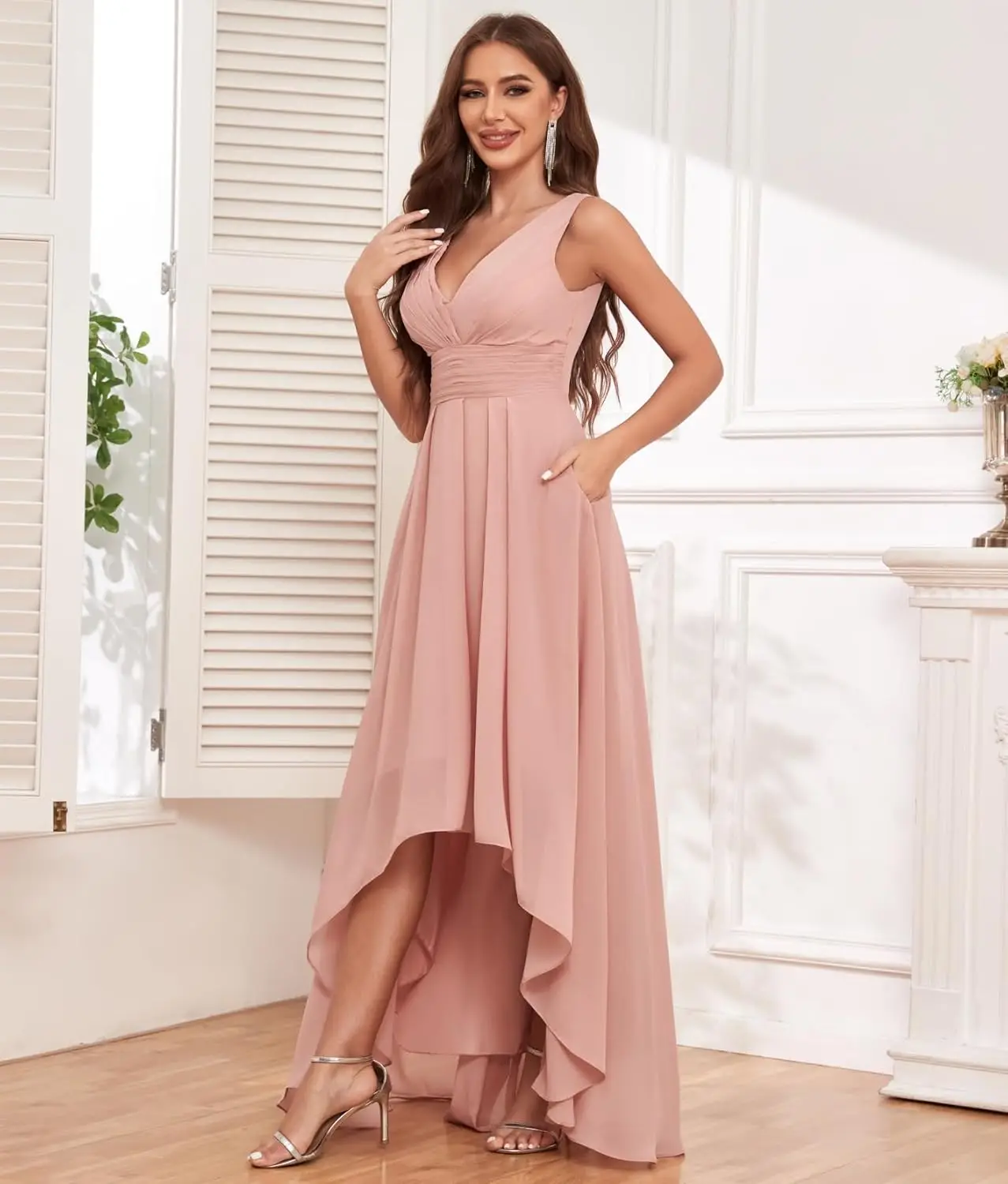 여성용 웨딩 브라이드메이드 드레스, A라인 하이로우 디자인, V넥 쉬폰 주름 장식 이브닝 정장 드레스, 포켓 포함 파티 드레스