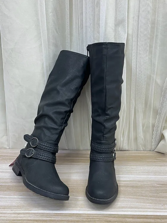 

Faionable round Toe Pure Color Thi Heel Belt Bule Long Boots Youth Winter Commute High Tube Boots Comfortable Lightweight