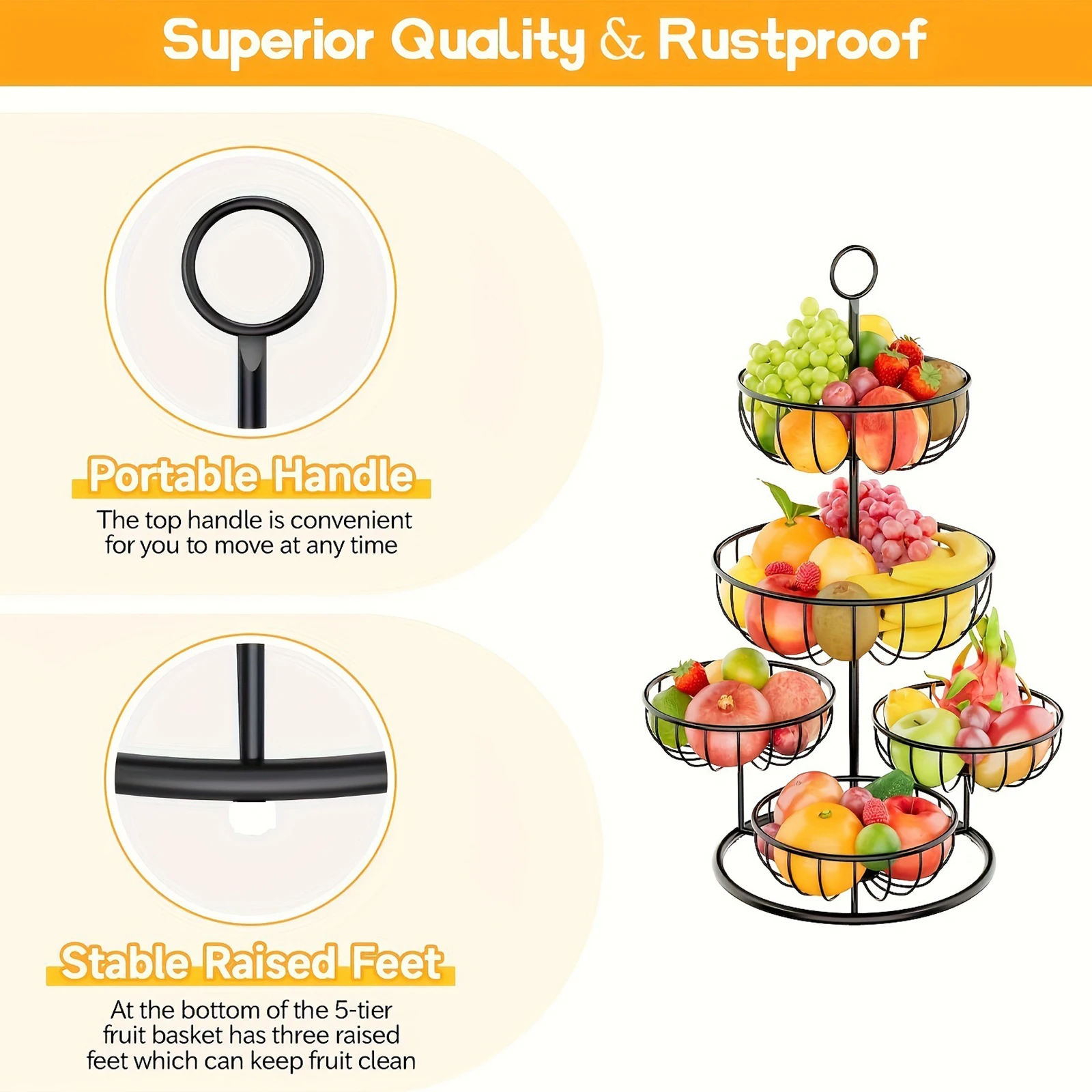 5 Tier Fruit Basket Large Capacity Multipurpose Kitchen Countertop Rack Metal Fruits Stand for Fruit Onion Potato Snack Holdiay