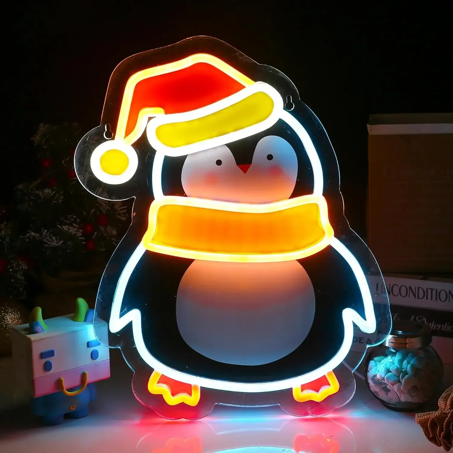 Christmas Penguin Neon Sign Cute Santa Hat Scarf LED Wall Art Acrylic USB Dimmable Hanging Light Xmas Winter Kids Room Decor