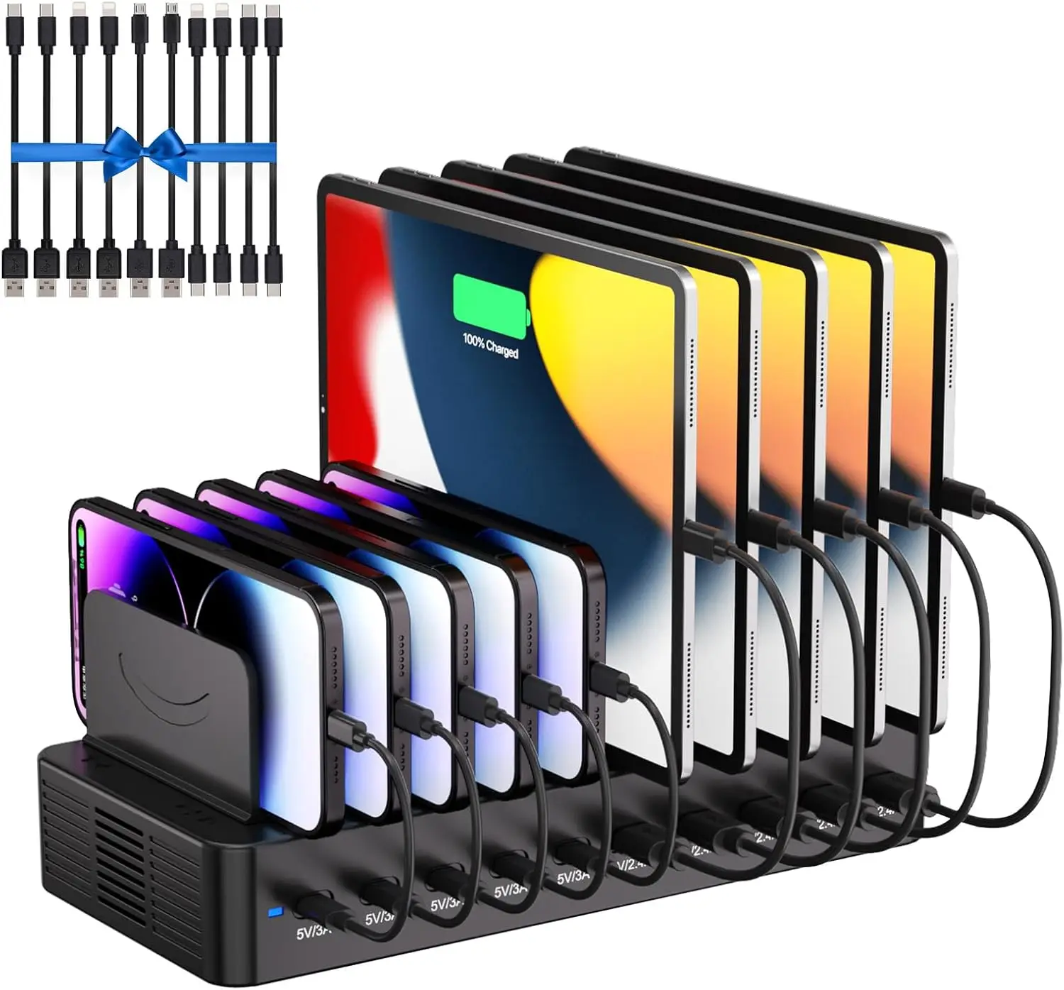 

100W 10-Port USB Charging Station with Adjustable Dividers & 10 Cables for iPhone, iPad, Tablets & More (Black)