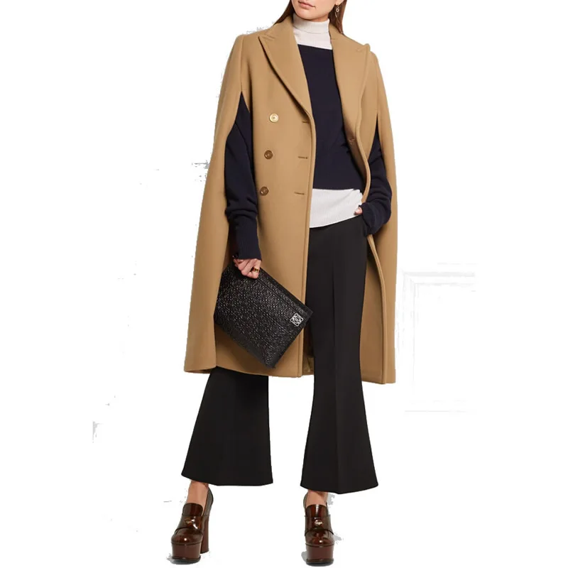 

Women's Double Breasted Long Sleeve Poncho Coat, Woolen Winter Cloak, New Fashion, 10020