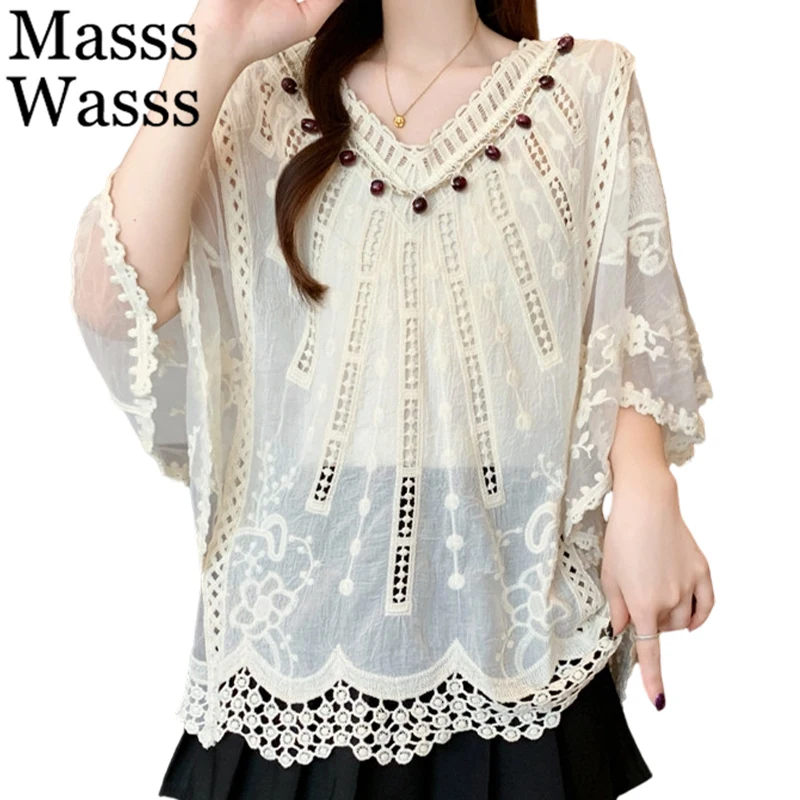 

Masss Wasss 2026 Korean Spring Womens Leisure Fashion Lace Chiffon Shirts Females Loose Classic Sexy Tops Vintage Mesh Blouses