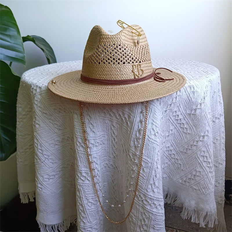 

Соломенная шляпа 7 см, панама с полыми жемчужными кисточками, летняя женская шляпа, пляжная шляпа, женская летняя тенденция, соломенная панама