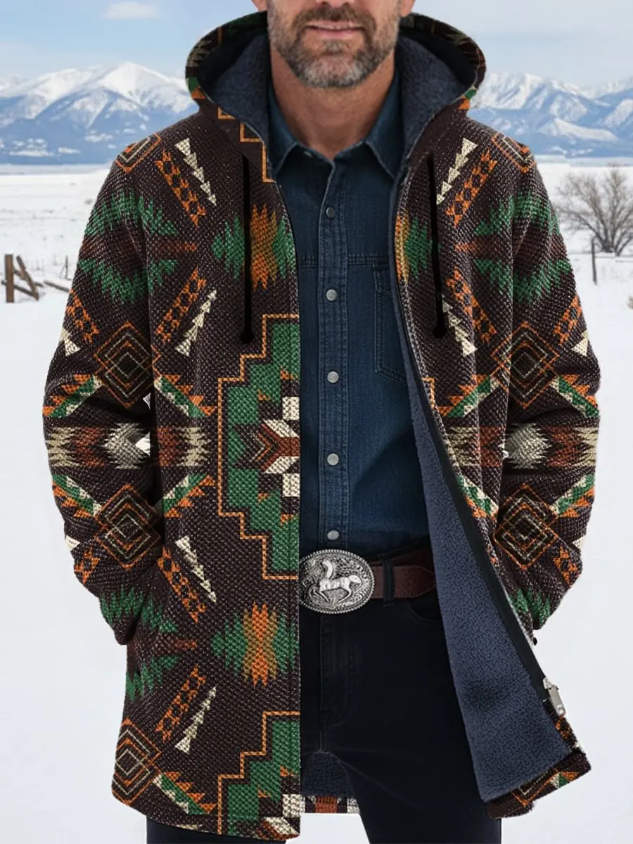 Vintage Aztec Art 3D Printed Plush Thick Long-Sleeved Cardigan Coat Men's Thick Warm Jacket 01