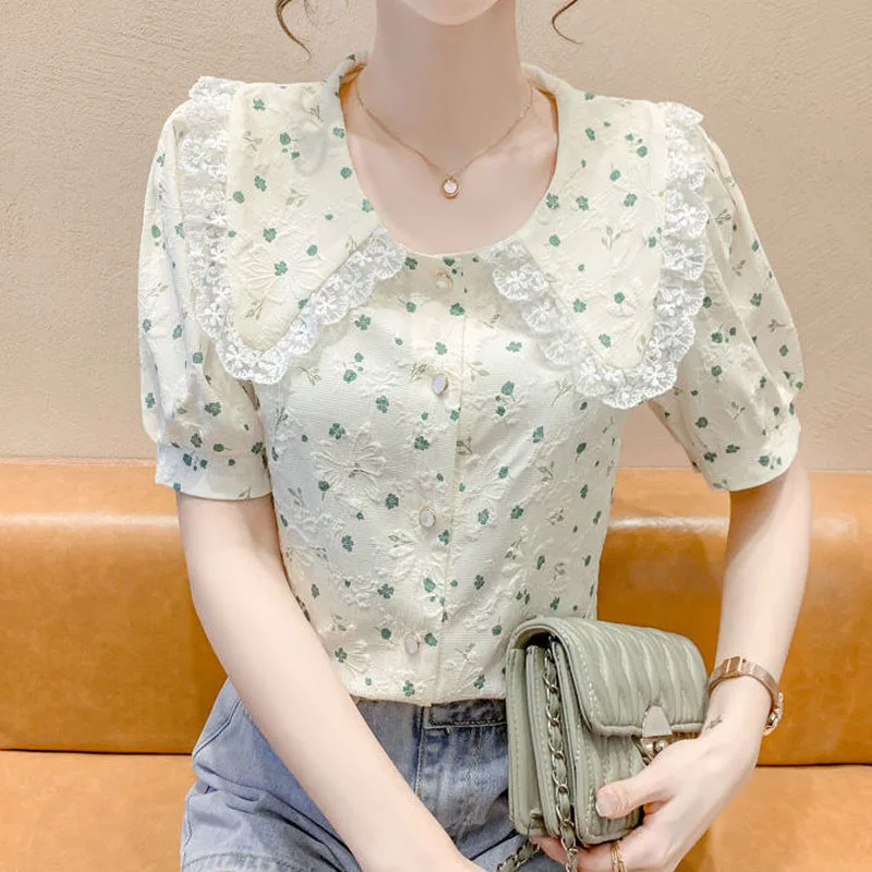 Puff Sleeve Printing Shirts Women New French Sweet Lace Peter Pan Collar Tops Summer Fashion Ladies Embroidery Button Blouses