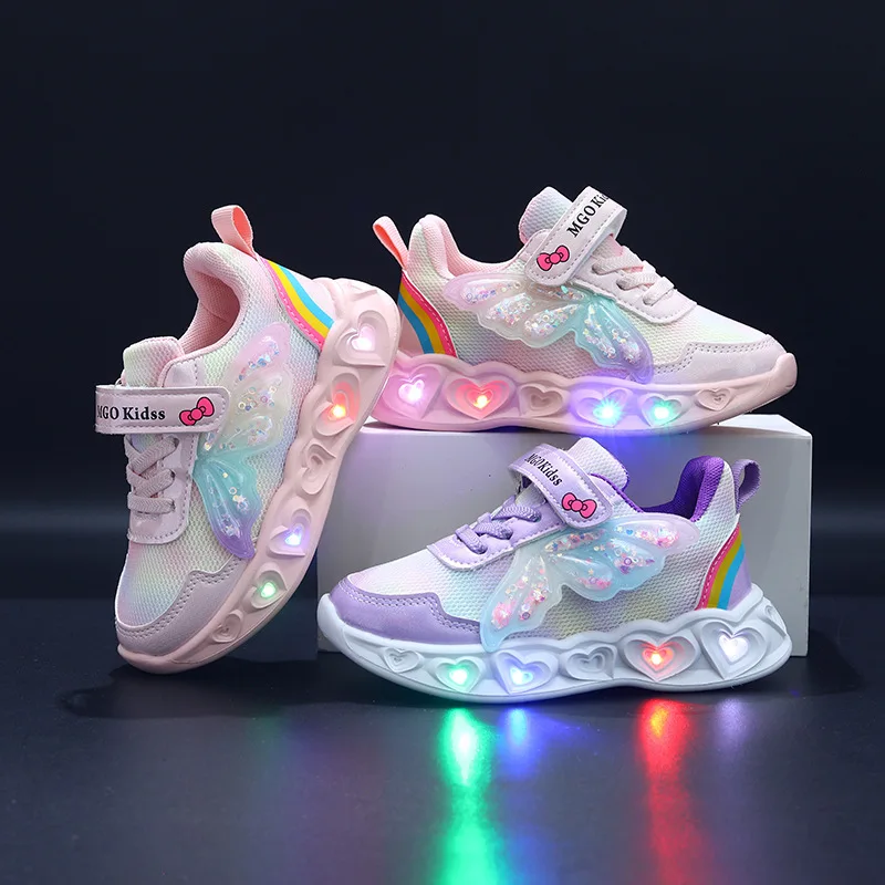 2026 Autumn Girls' Princess Wing LED Light Up Sneakers Cute Kids Casual Sports Shoes For Little Girls Aged 1-6 Daily Outdoor