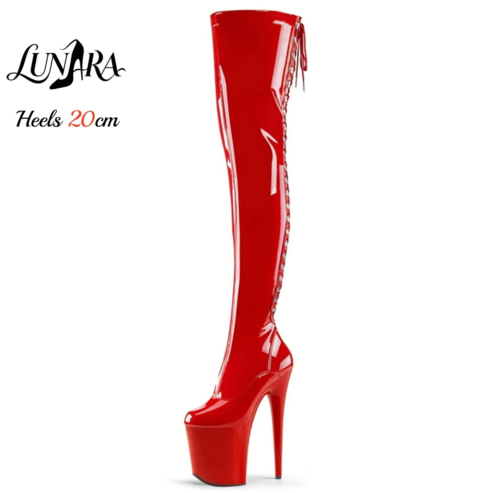 

20cm/8Inch Red Patent High Heel Over The Knee Boots Side Lace-Up Zipper Gothic Pole Dance Non-slip Rave Fetish Extreme Party