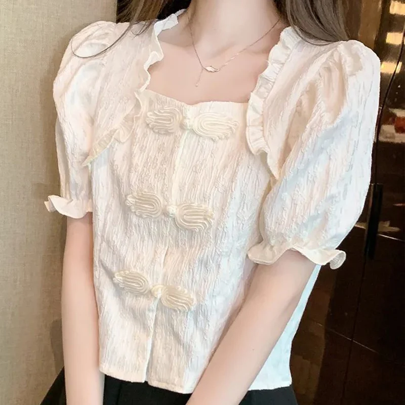 New Chinese Style Retro Unique Waist Cinched Bubble Sleeve Shirt for Women\'s Summer Wooden Ear Edge Square Neck Trendy Shirt Top