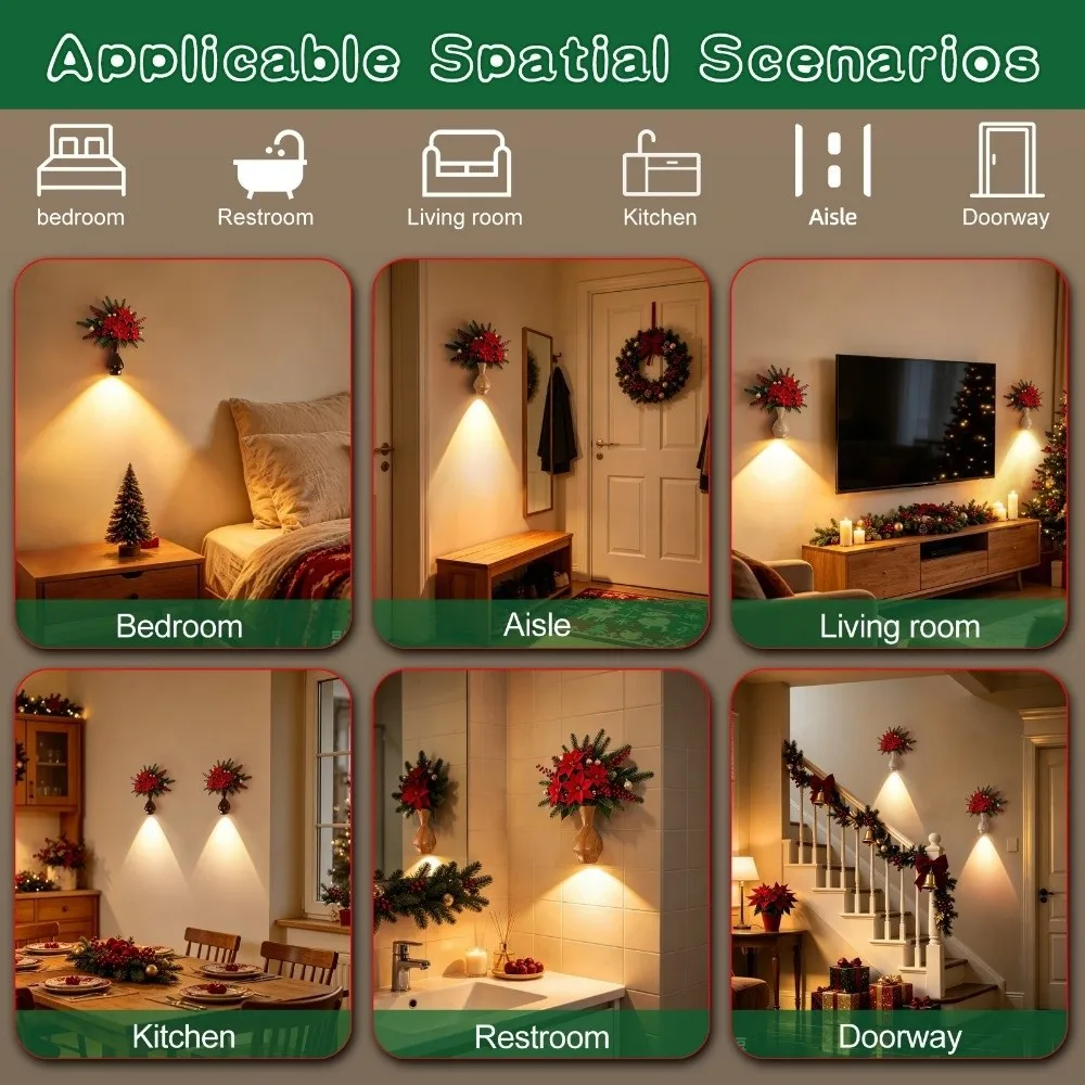 Christmas LED Motion Sensor Wall Lamp Touch-Controlled Motion Activation Vase Shape Night Light USB Rechargeable No Drilling