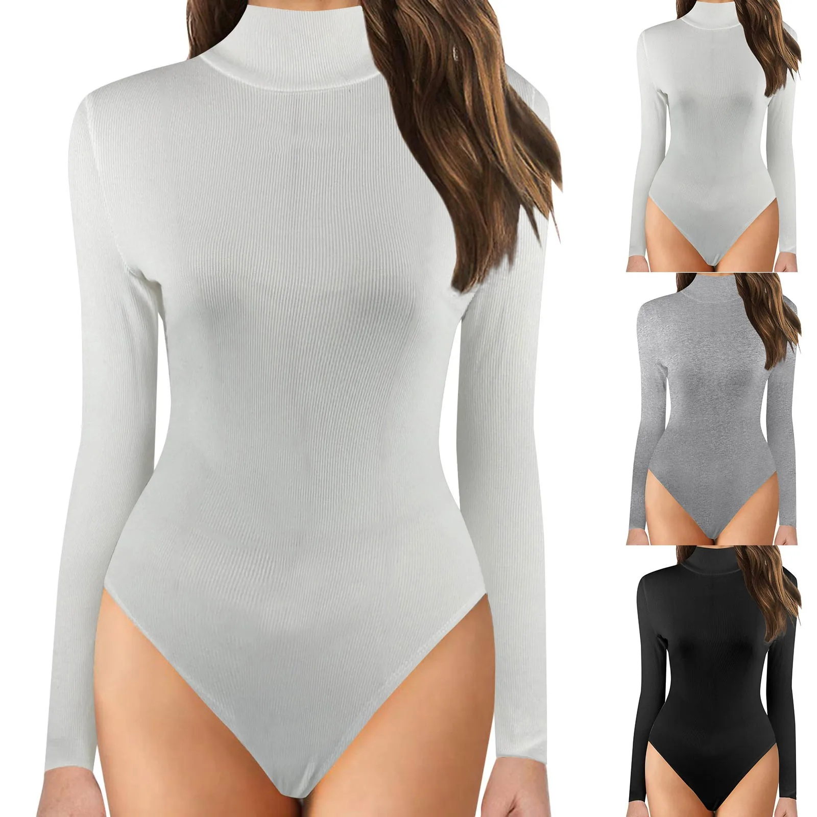 Women's Mock Turtle Neck Long Sleeve Bodysuit Jumpsuit Spring Autumn Casual Shapewear Bodycon Body Slimming Overalls Tops