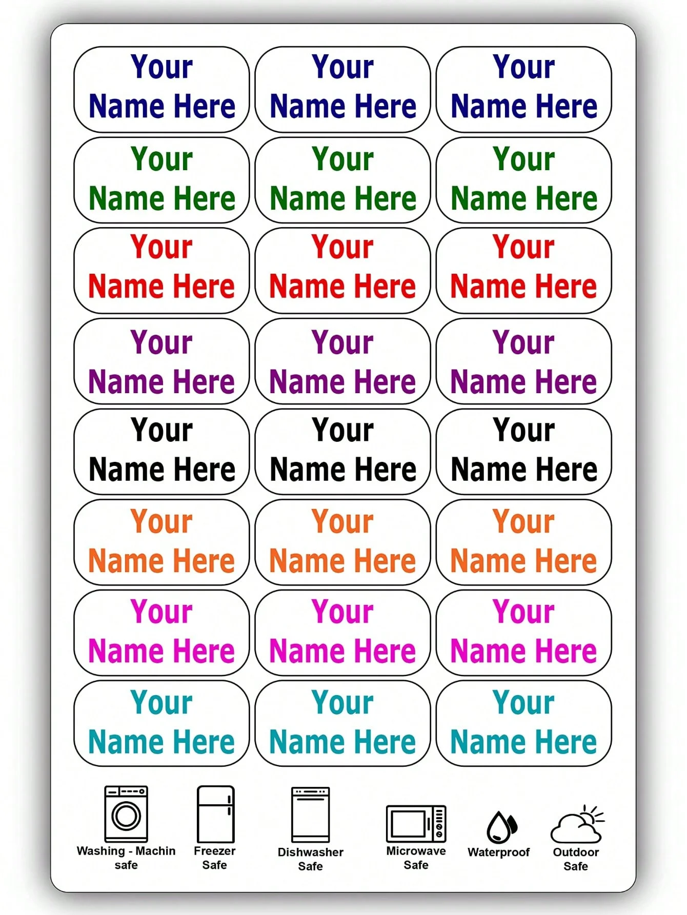 75 personalized waterproof name tags. Press and stick for versatile, customizable name tags. Customizable with two lines of text