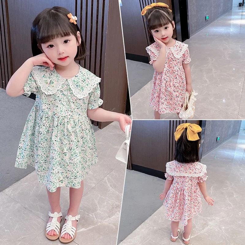 

PN&NP sweet girls pure cotton short-sleeved flower small floral princess dress autumn baby doll lapel dress children's clothes