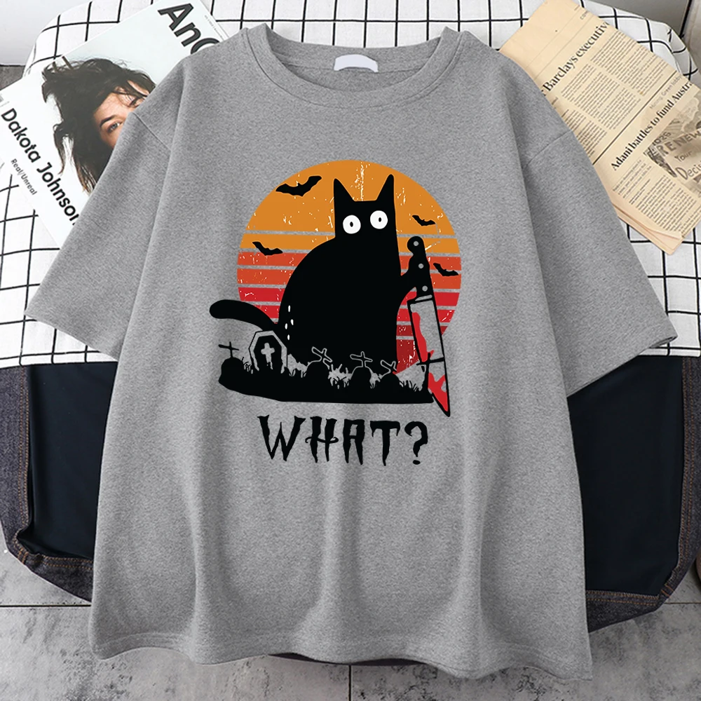 Black Knife Cat Funny WHAT Printed Tee Shirts Fashion Breathable Tshirts Oversized Soft Male T-Shirts Summer Loose Tshirt Mans