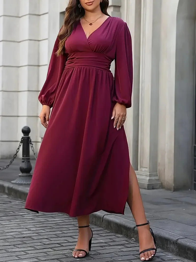 

European and American autumn and winter new women's lantern sleeves with side slits, plus size dress,chubby MM, women's clothing