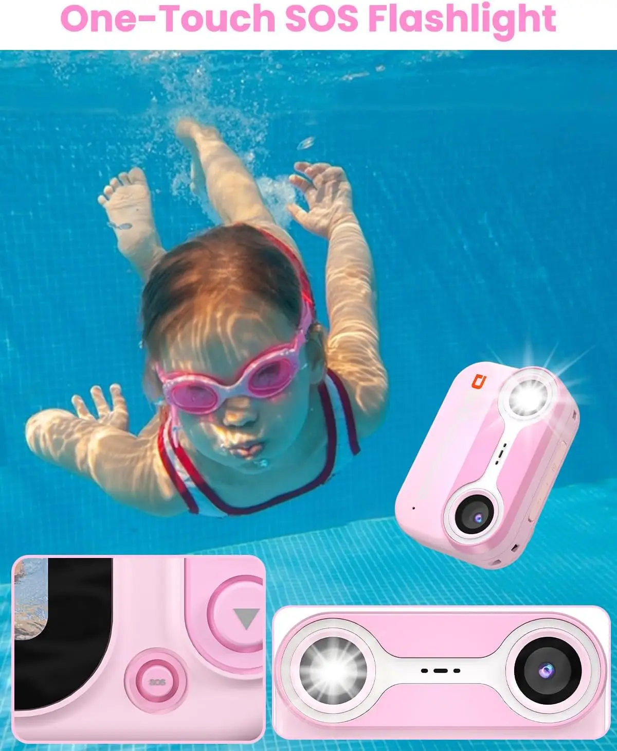 Fotocamera subacquea da 10 piedi per bambini, videocamera 1080P per lo snorkeling, regali di compleanno di Natale, fotocamera digitale per piscina con 32G