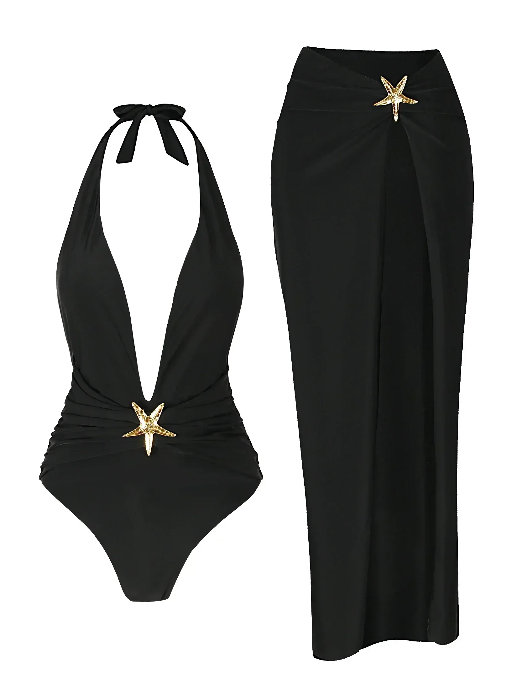 Trajes de baño de 2 piezas para mujeres elegantes, trajes de baño de una pieza de estrella de mar con falda dividida alta, conjuntos de Bikini Sexy con cuello Halter K59