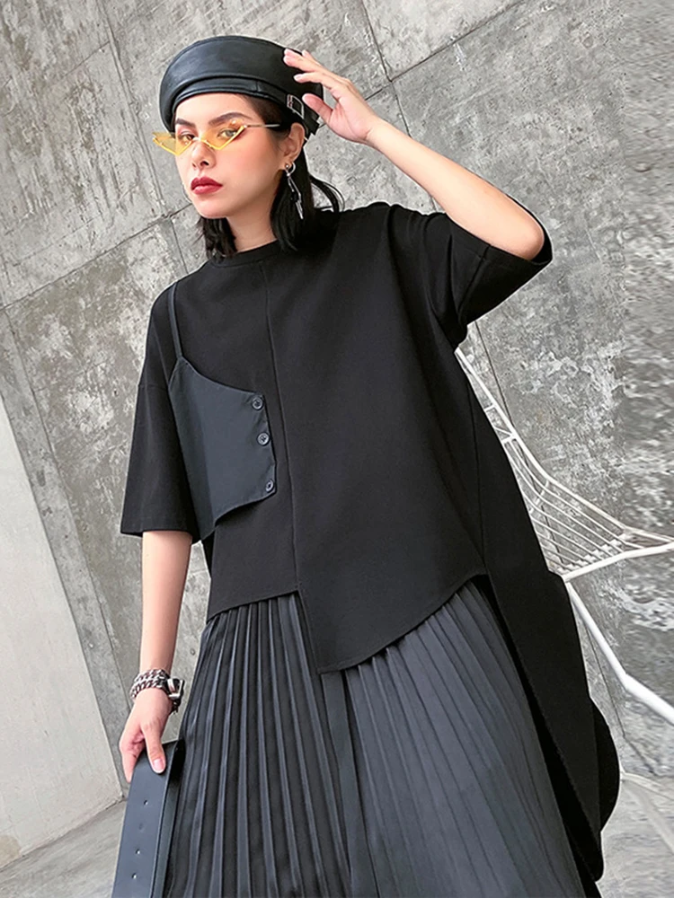 [EAM] Black T-shirt Pleated Irregular Half-body Skirt Two Pieces Suit New Round Neck Women Fashion Spring Summer 2024 1DH5042