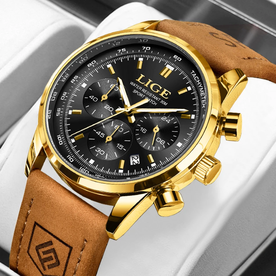 

LIGE Brand Watch Men Leather Waterproof Watches Men's Army Military Quartz Wristwatch Chronograph Male Clock Relogio Masculino