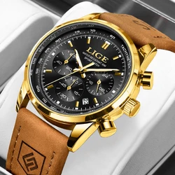 LIGE Brand Watch Men Leather Waterproof Watches Men's Army Military Quartz Wristwatch Chronograph Male Clock Relogio Masculino