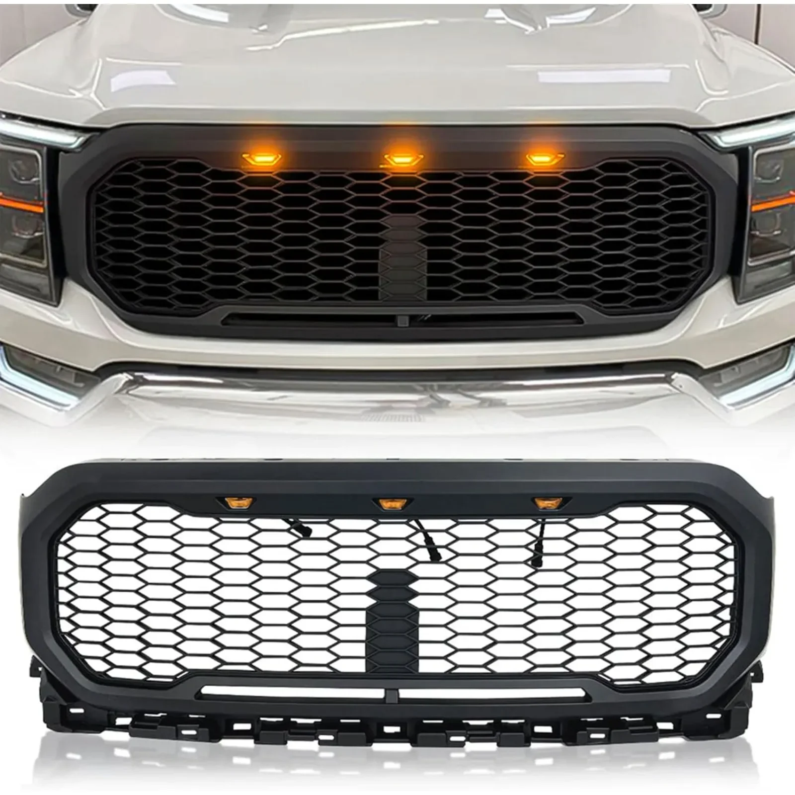 US  Front Grille Compatible with 2021-23 Ford F150, Replacement Mesh Grill w/DRL, w/o Camera Hole, Matte Black