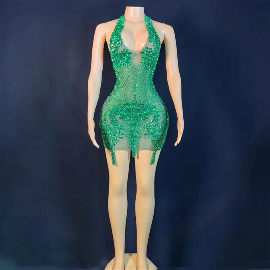 Knipperende Strass Groene Sexy Halter Rugloze Transparante Schede Mini Jurk Verjaardag Vieren Kostuum Vrouwen Danser Prom Outfit