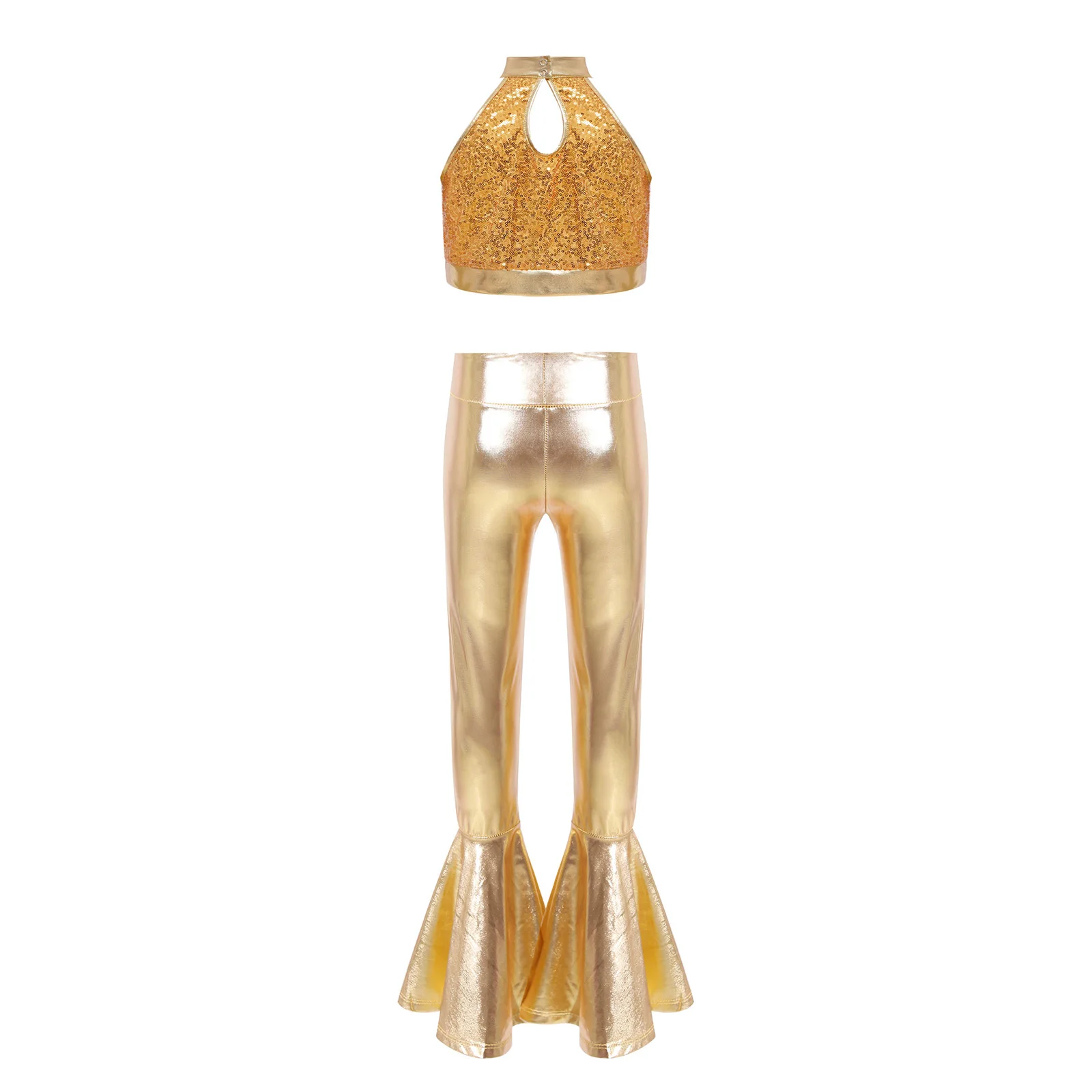 Sparkly Sequins Jazz Outfit for Kids Girls Sleeveless Keyhole Back Crop Top with Elastic Waist and Metallic Bell Bottom Pants