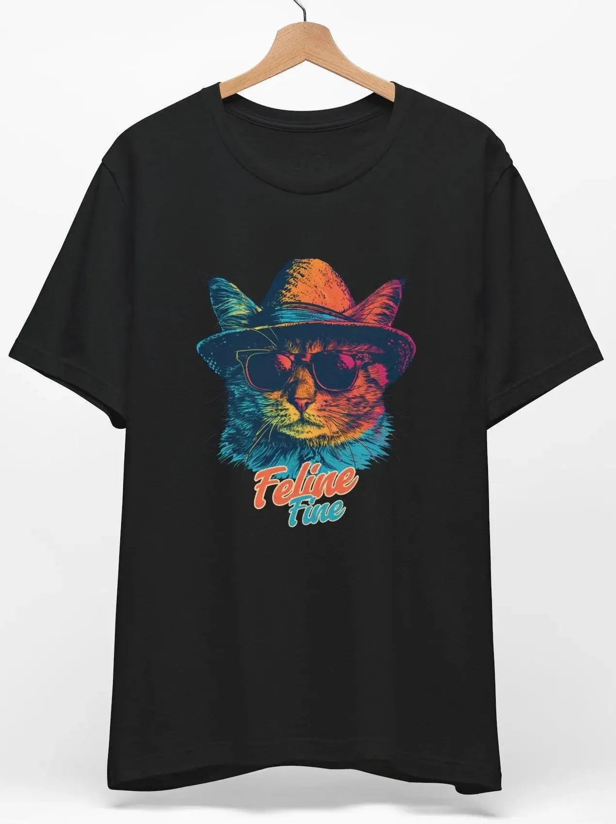 Cat T Shirt Feline Fine Animal Top Lover with Hat Sunglasses Fan Cool