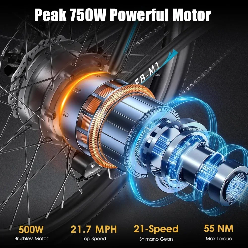 Adult Electric Bike, 750W Peak, 50MPH at 21.7Mph, 26