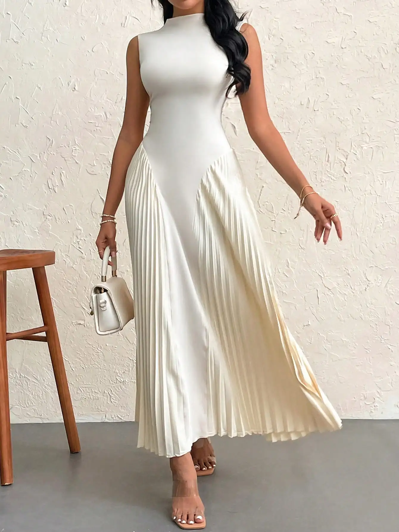 European and American temperament elegant wind waist slimming long skirt 2024 spring fashion personality pleated round neck slee