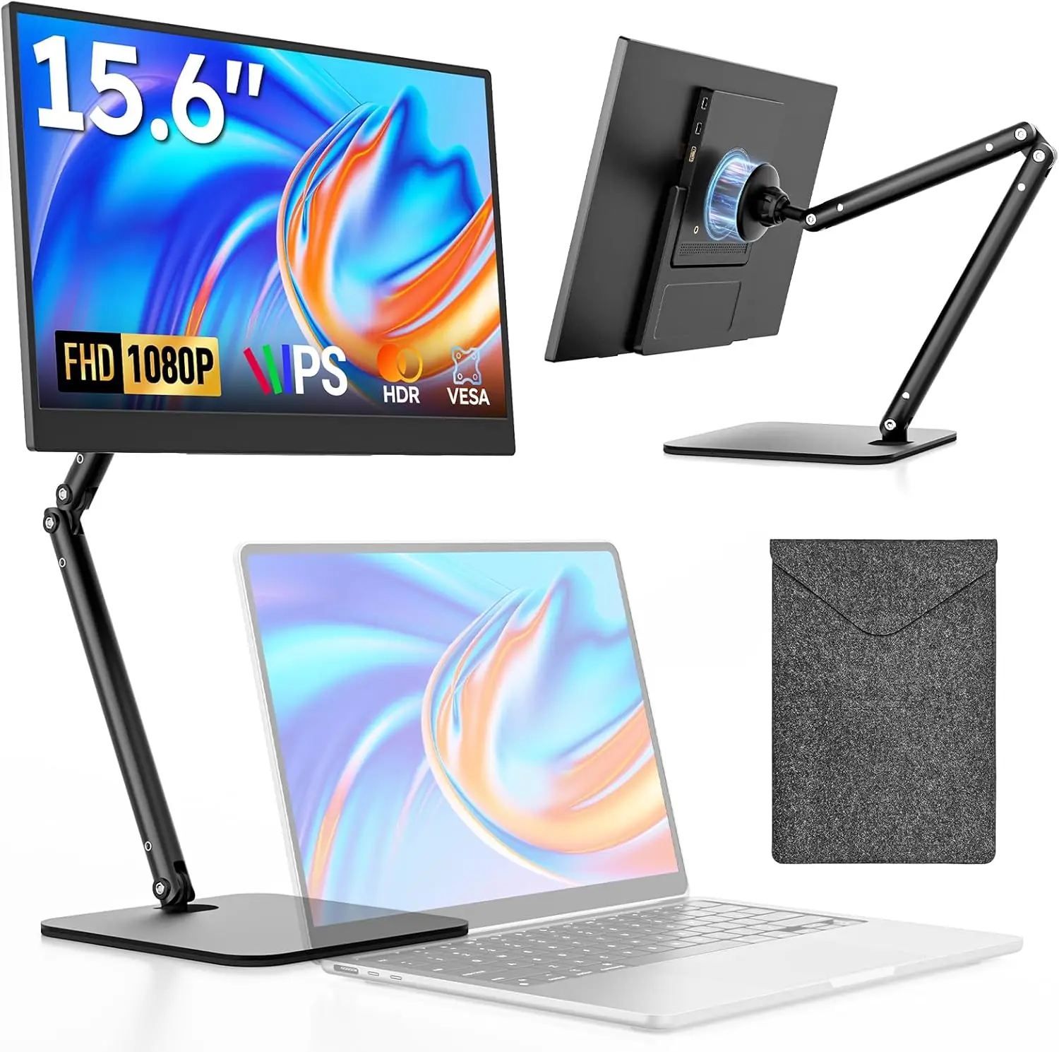 

15,6-дюймовый портативный FHD IPS монитор с USB-C, складной подставкой и чехлом для ноутбуков, Mac, ПК, телефонов и игр