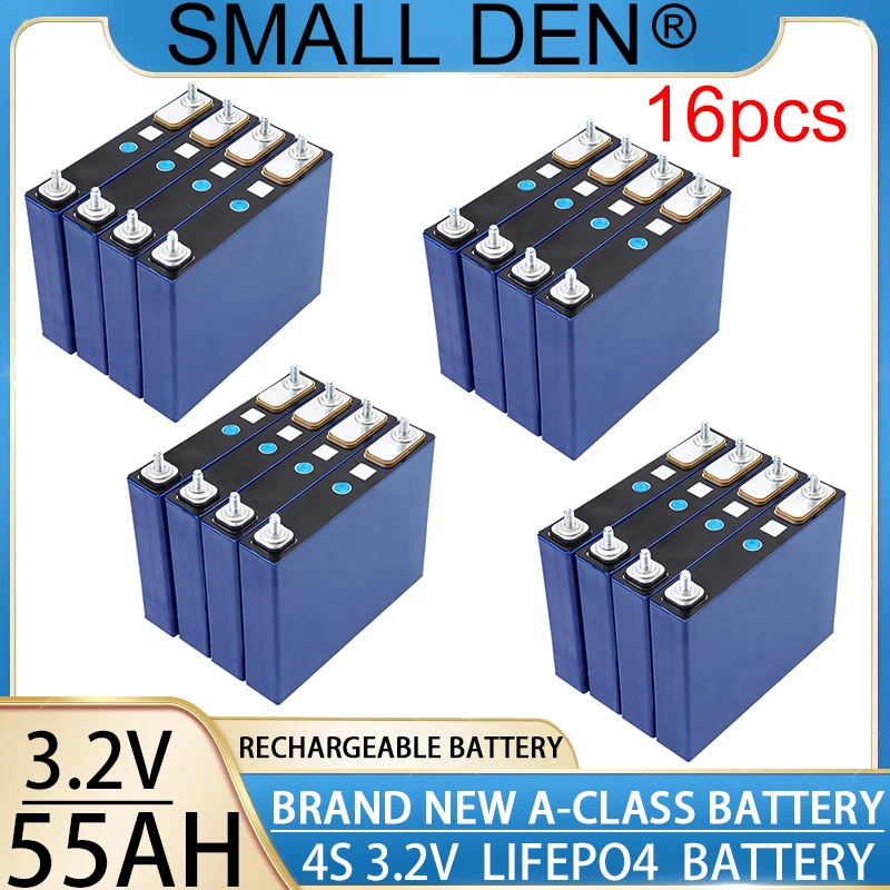 16 pçs novo 3.2v 55ah bateria de fosfato de ferro de lítio recarregável diy 12v 24v 48v lifepo4 carrinho de golfe solar