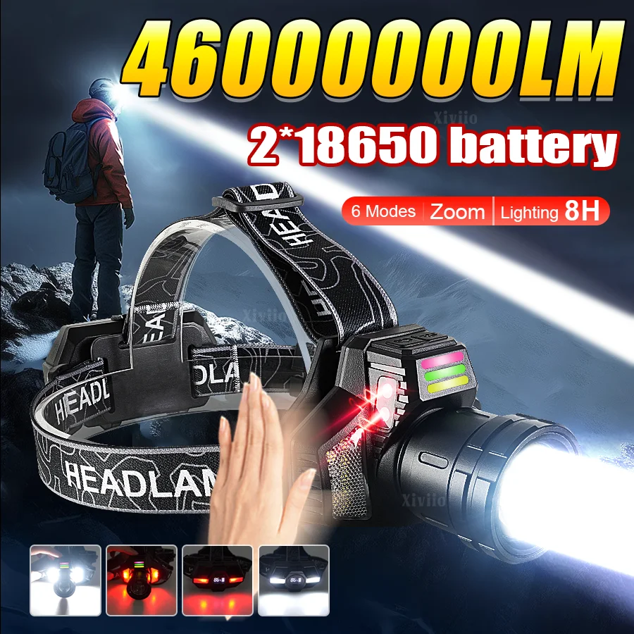 46000000LM Most Powerful LED Headlamp 2*18650 USB Rechargeable Headlight Super Bright Head Flashlight Fishing Camping Head Light