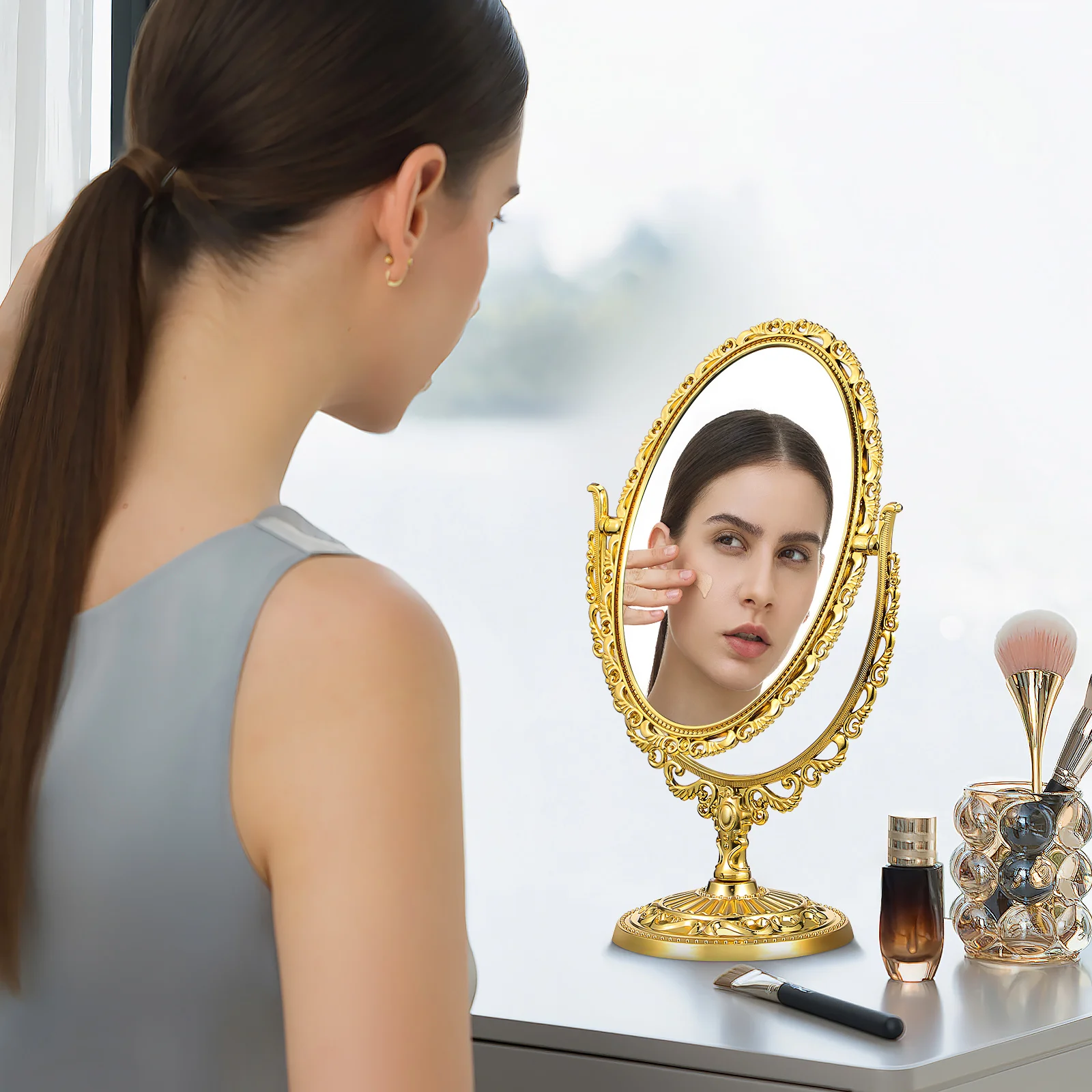 1 pçs retro estilo europeu espelho dupla face 360 graus rotativo oval espelho de maquiagem para casa banheiro quarto desktop