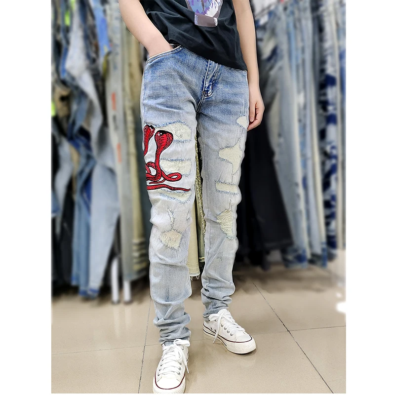 

New Streetwear Embroidered Cobra Snake Distressed Pattern Jeans Stretch Summer Light Blue Slim Fit Patches Ripped Denim Pants