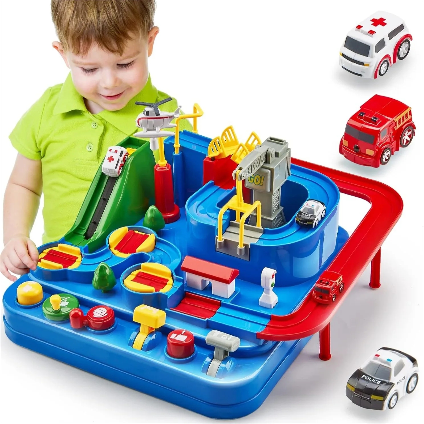 

4-in-1 Large Race Track Car Adventure Set: Educational Toys For 3-6 Year Old Boys & Girls,Rescue Playset-Perfect Birthday Gift!