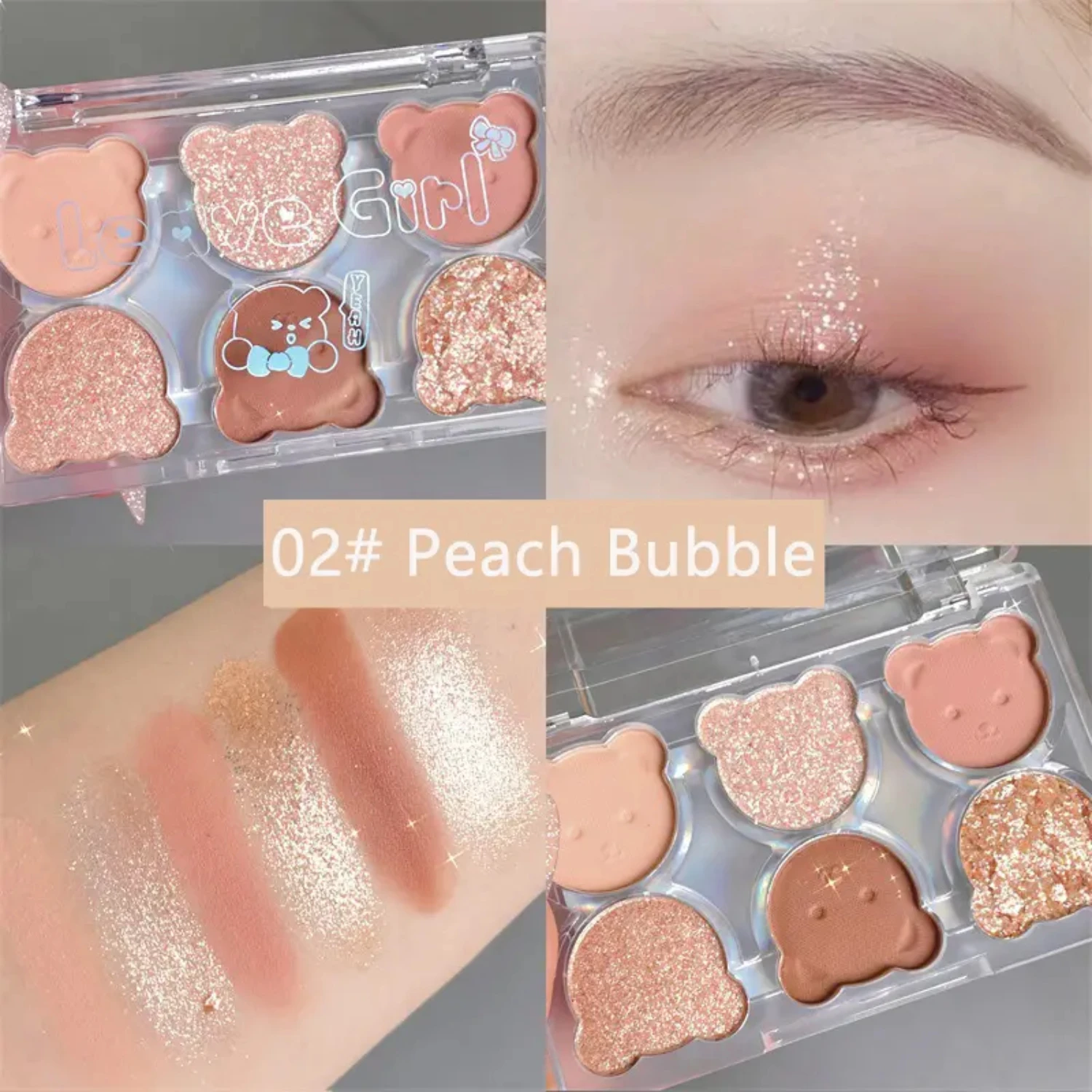 Bright 6 สีติดทนนาน Shiny Glitter อายแชโดว์ Contouring Powder ถาด - Bear Plate Eye Shadow Palette สําหรับหญิง, 6 in 1
