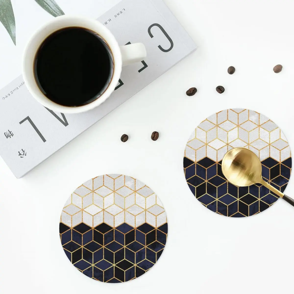 White And Navy Cubes Coasters PVC Leather Placemats Non-slip Insulation Coffee Mats for Home Kitchen Dining Pads Set of 4