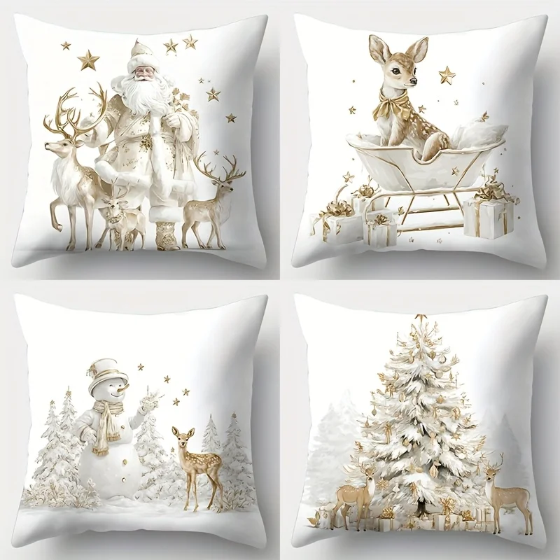 4pcs Christmas Pillow Covers – Reindeer,Sleigh & Tree Design for Holiday Decor,Sofa Lumbar Cushion Covers (Inserts Not Included)