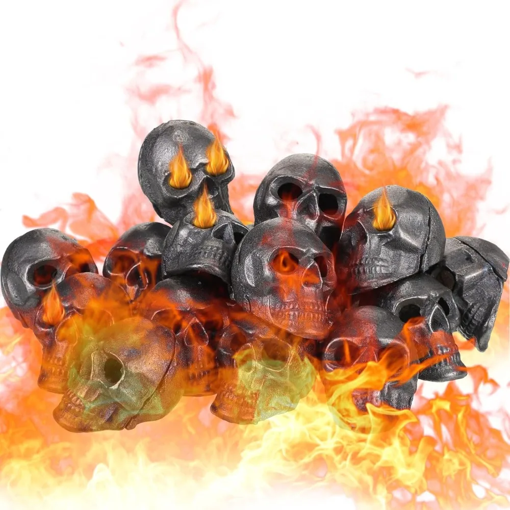 Poen 20 piezas de hogares con piedras de calavera, troncos de gas de calavera humana imitada para chimeneas de interior o exterior, salón de hogares de metal ignífugo