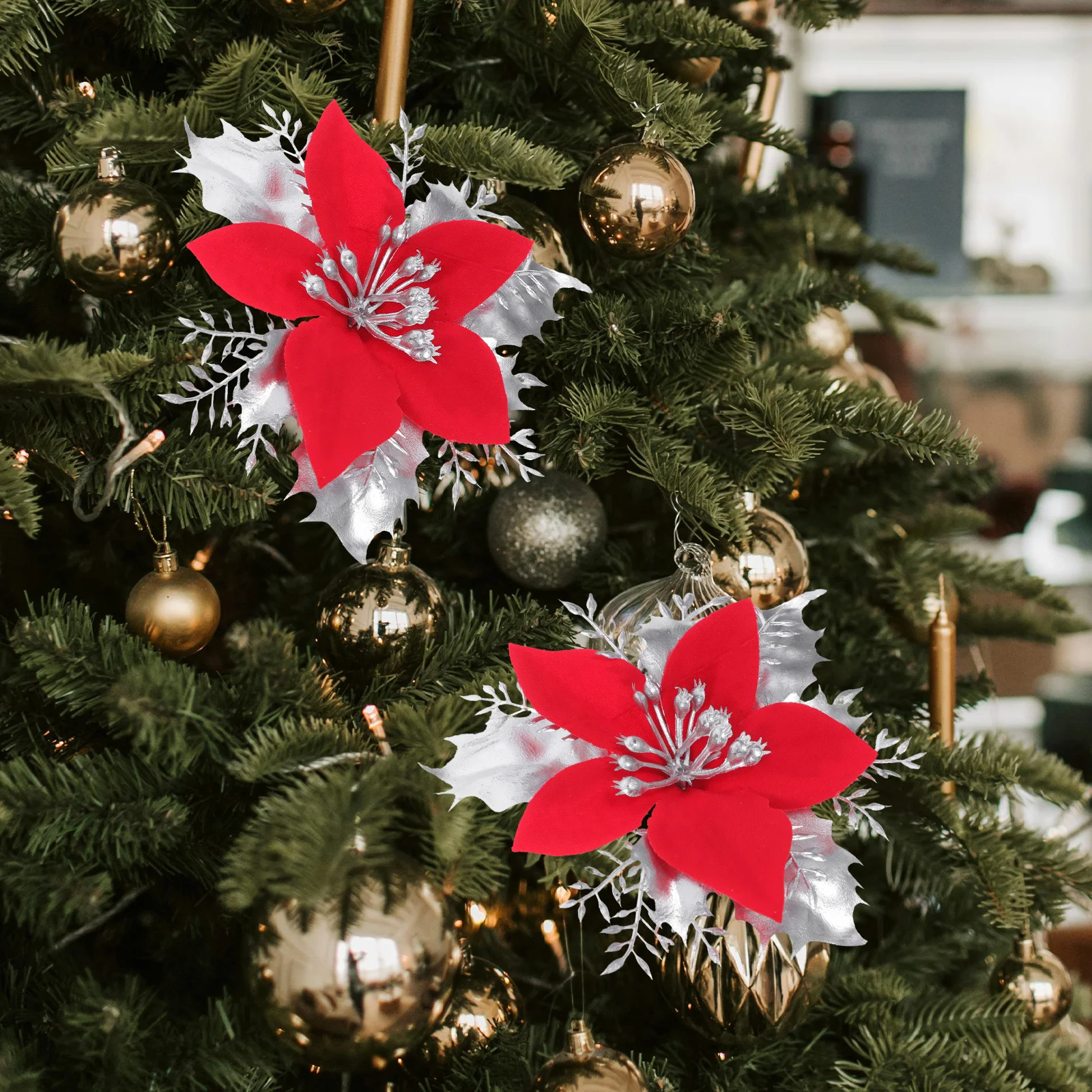 

6Pcs Festive Christmas Flower Ornaments Reusable Poinsettia Picks with Clips for Tree Wreath Decor Holiday Floral Arrangement