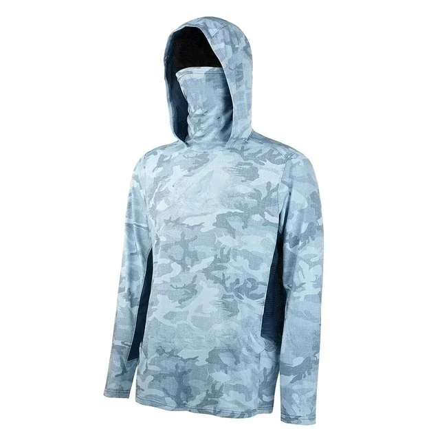 Herren-Marine-Tarnmuster-Fischerei-Hoodie, Sonnenschutz-Langarmshirt mit integrierter Maske, schnelltrocknendes Oberteil für das Angeln im Freien. – Detail 9