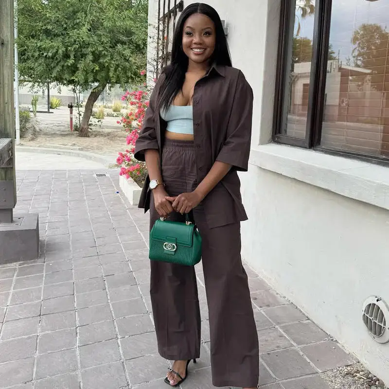 

rican Large Size irt And Pants Set Women's Casual Two-Piece Summer Outfit Polyester Fabric Seven-Sve Pure Color Design