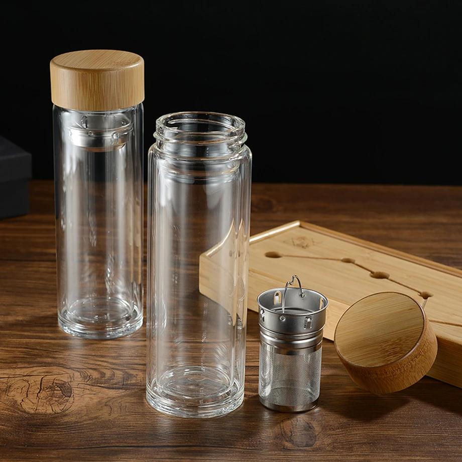 

50pcs/Lot 14oz 400ml Tea Glass Mug Fruit Bottle Big Infuser High Double-wall Borosilicate Insulated Bamboo Lid Cup Tumbler